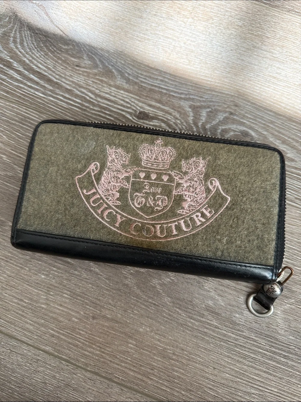 Juicy Couture Olive & Black Zip Wallet with Pink Crest Embroidery